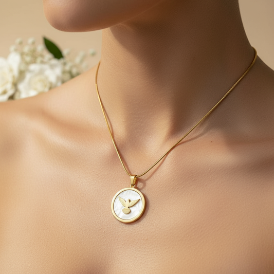 Graceful Dove Medallion Necklace – Gold & Mother of Pearl