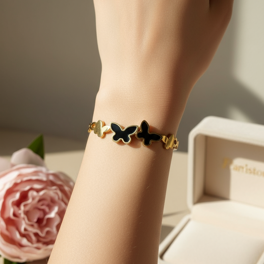 Triple Butterfly Black Enamel Gold Bangle – Chic Statement 🦋🖤