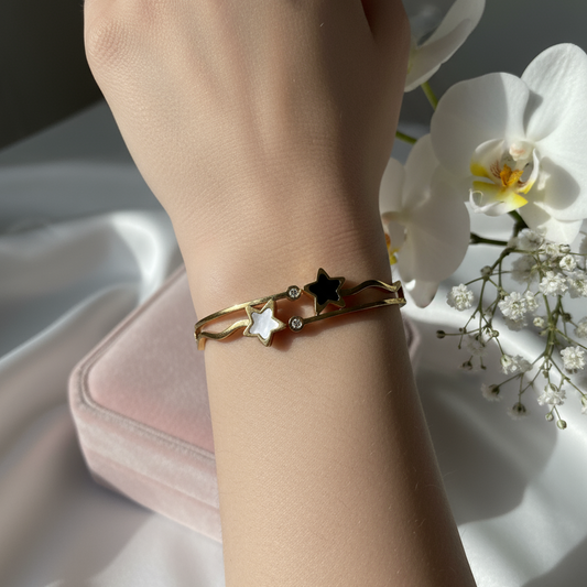 Starlight Duo Enamel Gold Bangle – Minimal Chic Magic ⭐🖤🤍