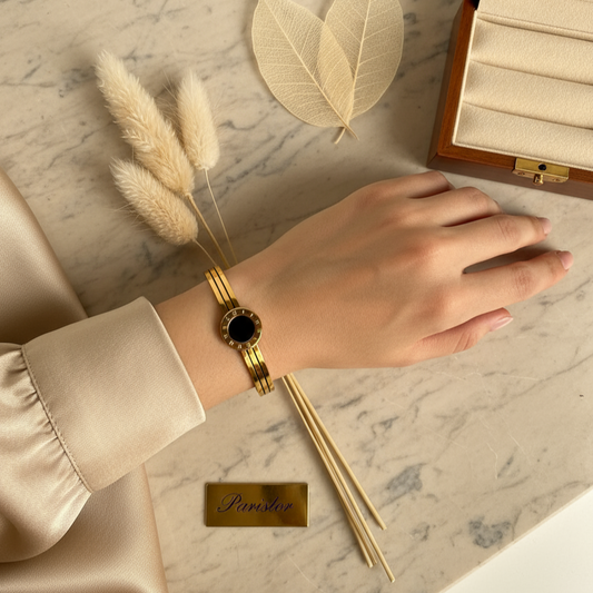 Roman Dial Black Enamel Gold Bangle – Signature Modern Luxe ⌚🖤