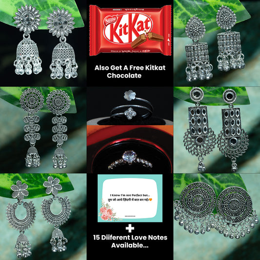 Pairs of 6 Premium Quality Earrings with 2 Free Rings (Oxidise)