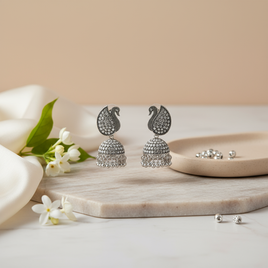 Royal Peacock Silver Jhumka Earrings – Regal Sparkle 🦚✨
