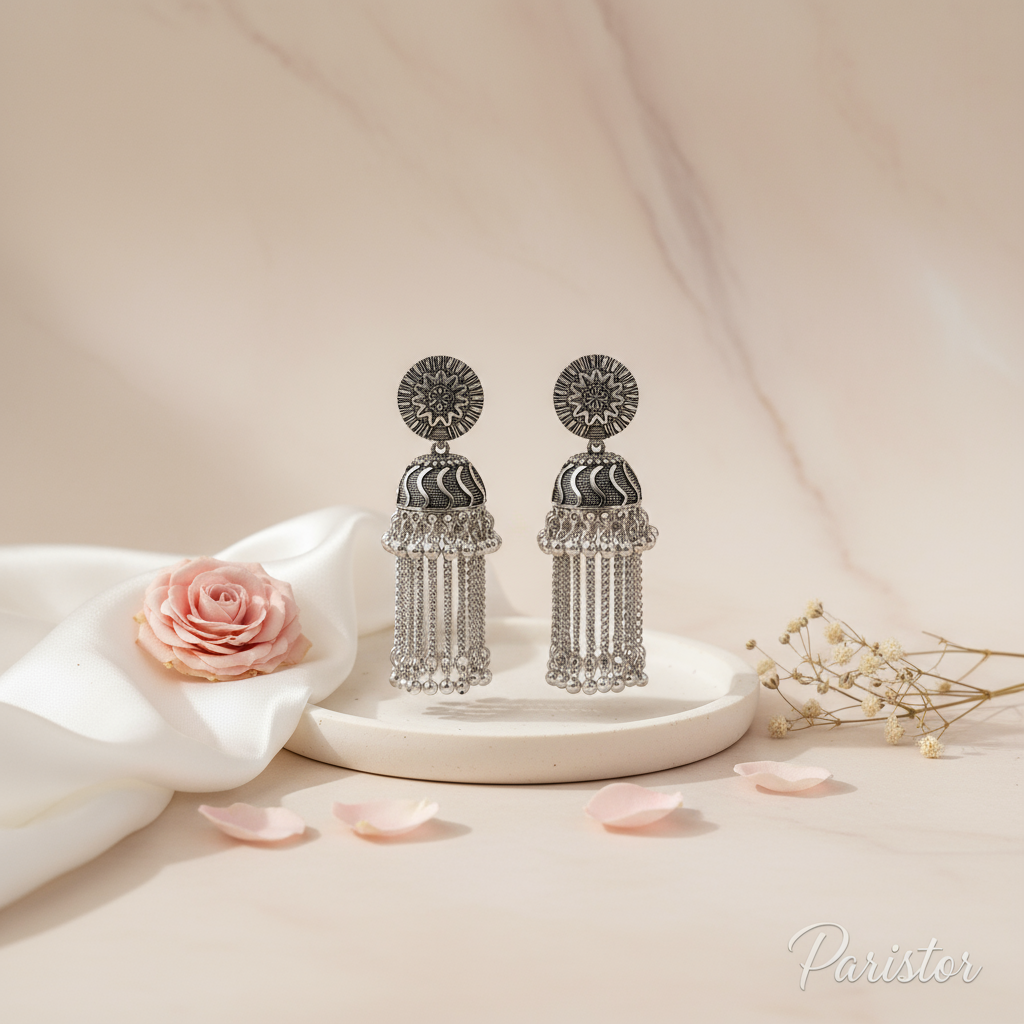 Silver Cascade Chain Jhumka Earrings – Boho Statement Glam ✨🌿