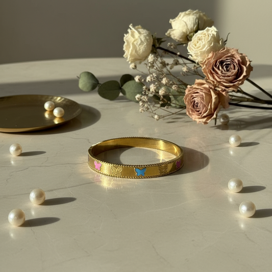 Color Splash Butterfly Gold Bangle – Vibrant Festive Joy 🦋💙💖