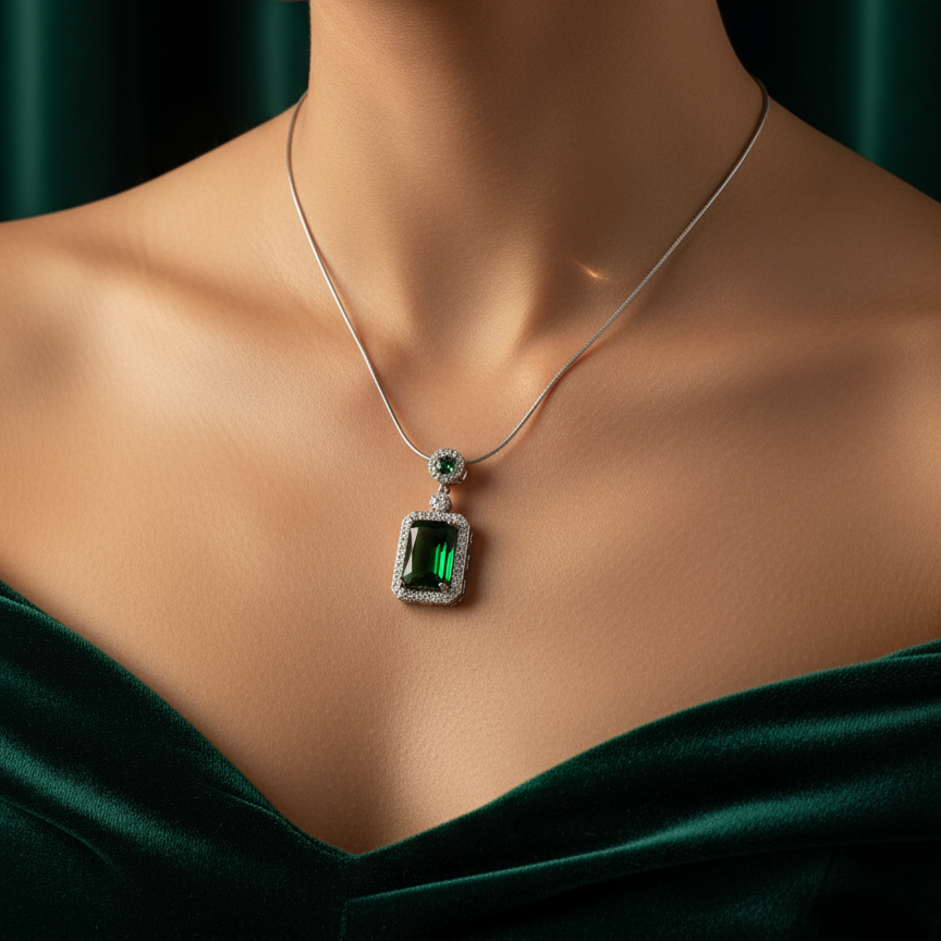 Regal Emerald & CZ Silver Necklace – Royal Charm 💚👑