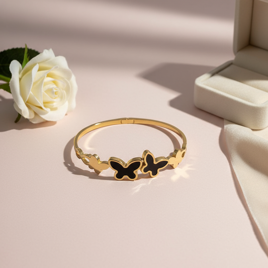 Triple Butterfly Black Enamel Gold Bangle – Chic Statement 🦋🖤