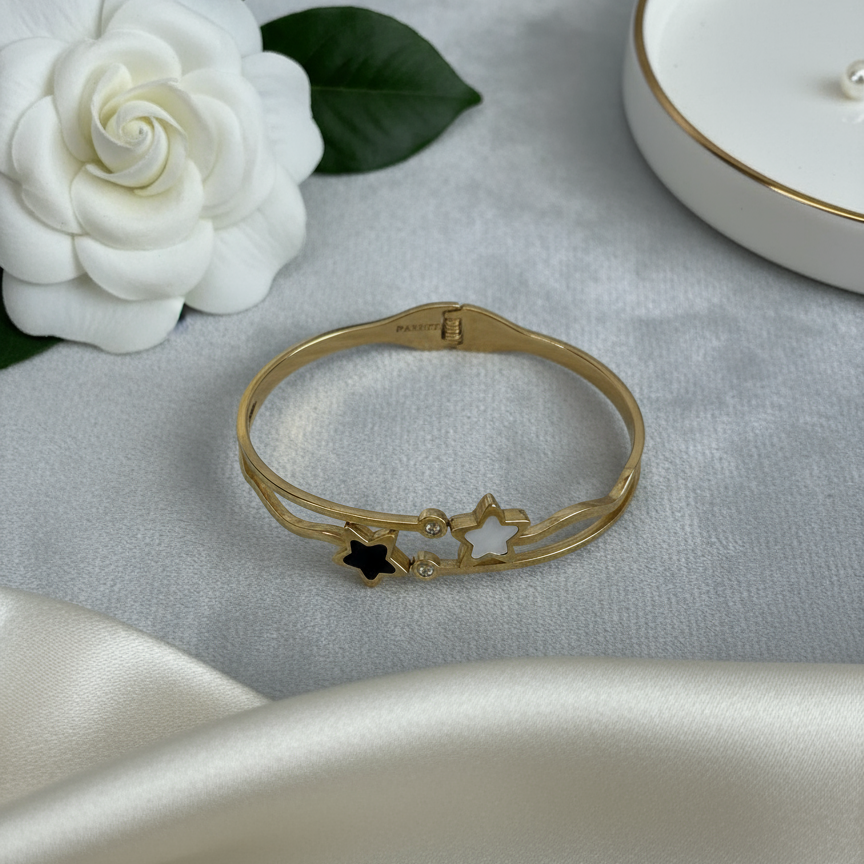 Starlight Duo Enamel Gold Bangle – Minimal Chic Magic ⭐🖤🤍