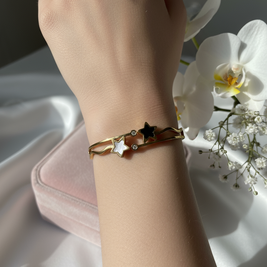 Starlight Duo Enamel Gold Bangle – Minimal Chic Magic ⭐🖤🤍