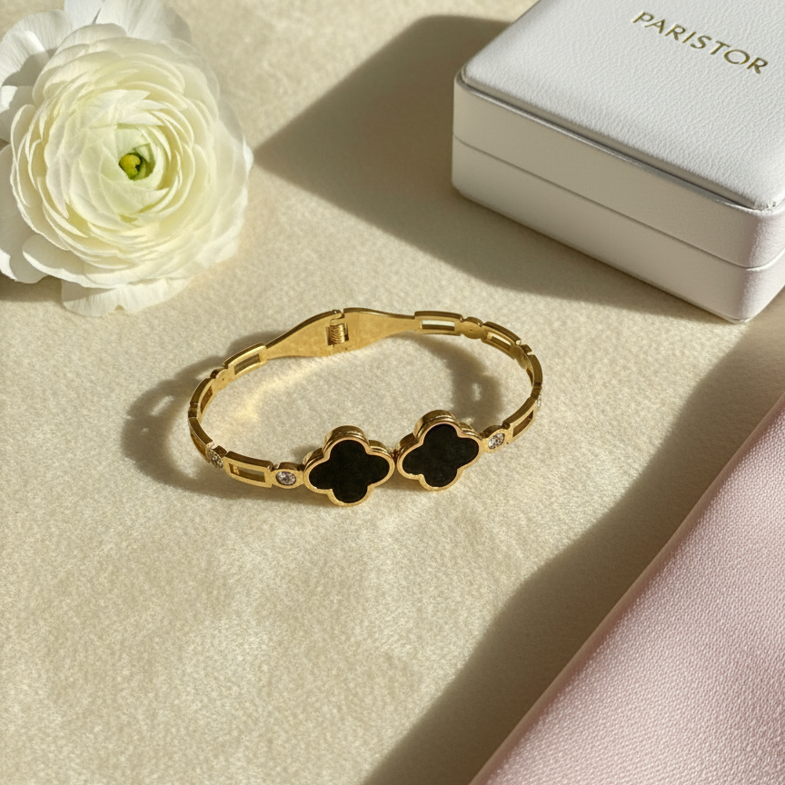 Twin Black Clover Stone Gold Bangle – Luxury Parisian Chic 🖤✨