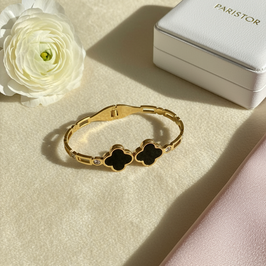 Twin Black Clover Stone Gold Bangle – Luxury Parisian Chic 🖤✨