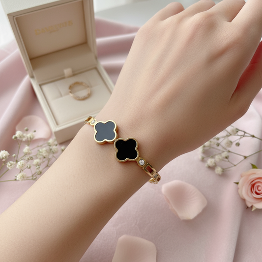 Twin Black Clover Stone Gold Bangle – Luxury Parisian Chic 🖤✨