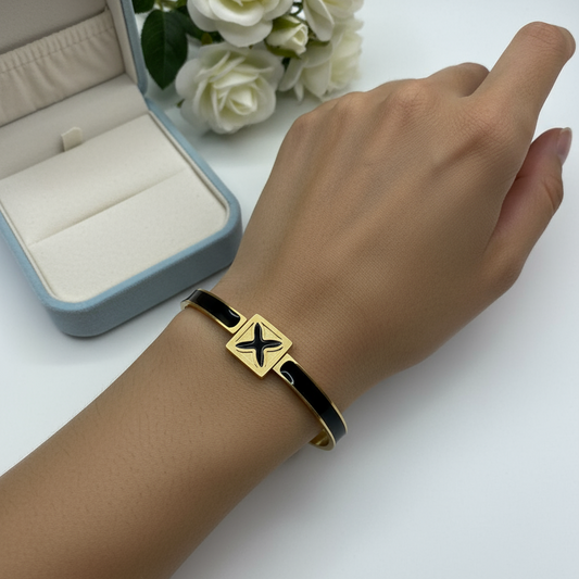Black Enamel “X” Motif Gold Bangle – Urban Minimal Luxe ✖️🖤