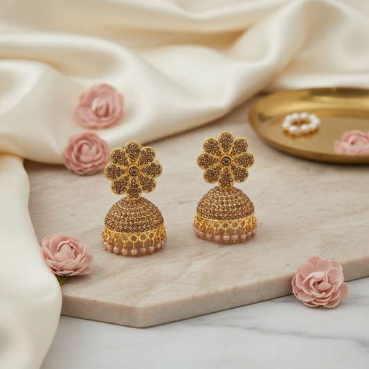 Glittering Blossom Jhumka Earrings – Floral Gold Elegance ✨🌸