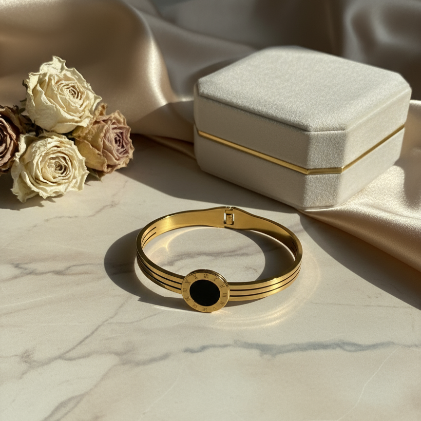 Roman Dial Black Enamel Gold Bangle – Signature Modern Luxe ⌚🖤