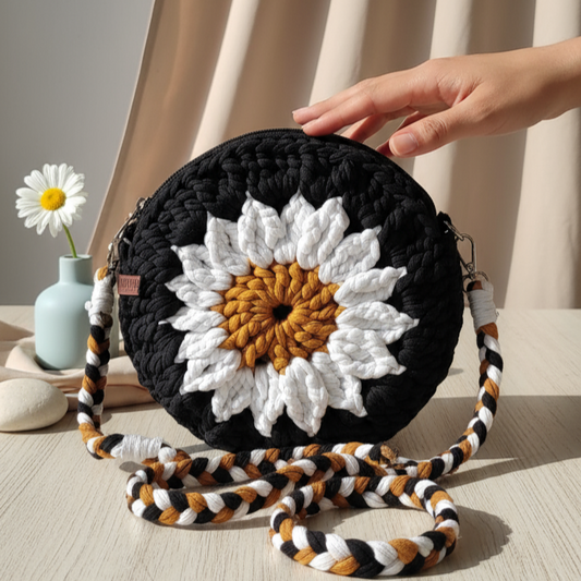 Sunflower Crochet Round Bag – Nature’s Chic Bloom 🌻🖤