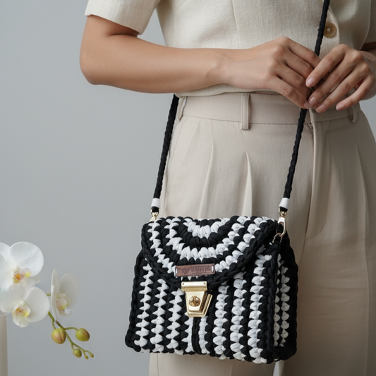 Monochrome Luxe Crochet Shoulder Bag – Timeless Statement 🖤🤍