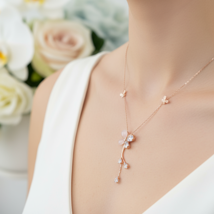 Blossom Whisper” Rose Gold Floral Drop Necklace