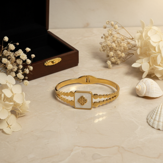 White Enamel Square Motif Gold Bangle – Regal Chic Statement 🟨✨