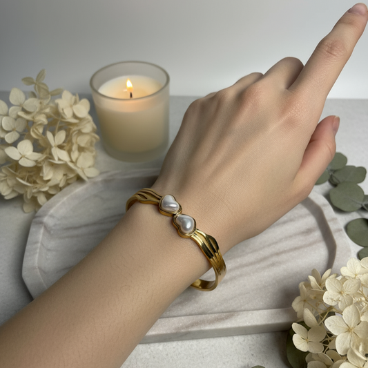 Twin Pearl Gold Bangle – Elegant Luxe Romance 🤍✨