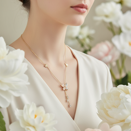 Blossom Whisper” Rose Gold Floral Drop Necklace