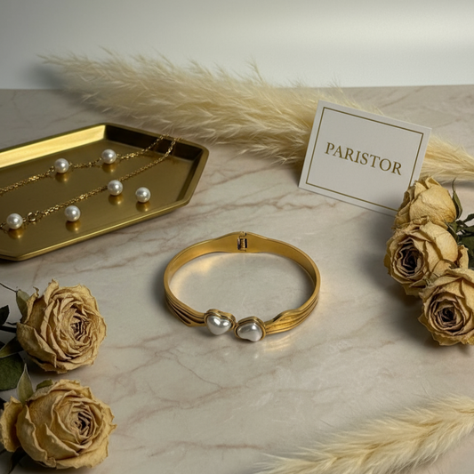 Twin Pearl Gold Bangle – Elegant Luxe Romance 🤍✨