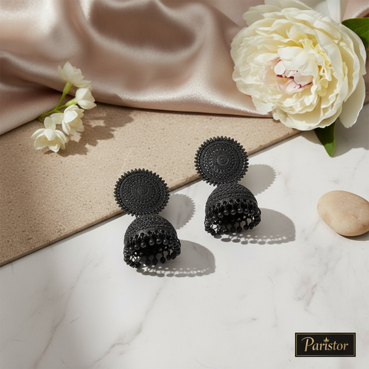 Midnight Matte Black Jhumka Earrings – Bold Ethnic Glam 🖤🌙