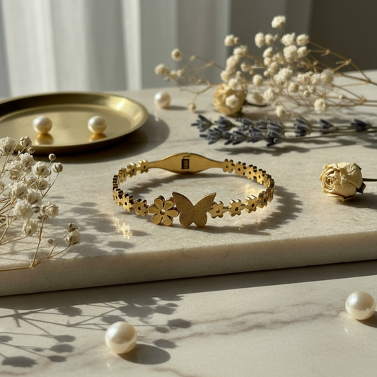 Butterfly Garden Gold Bangle – Nature’s Chic Whimsy 🦋🌼  Short Description
