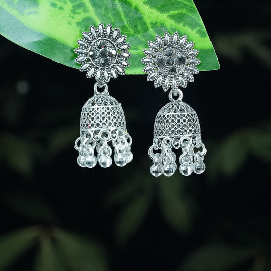 "Noor Jhumka" – Oxidized Silver Elegance with Crystal Drops