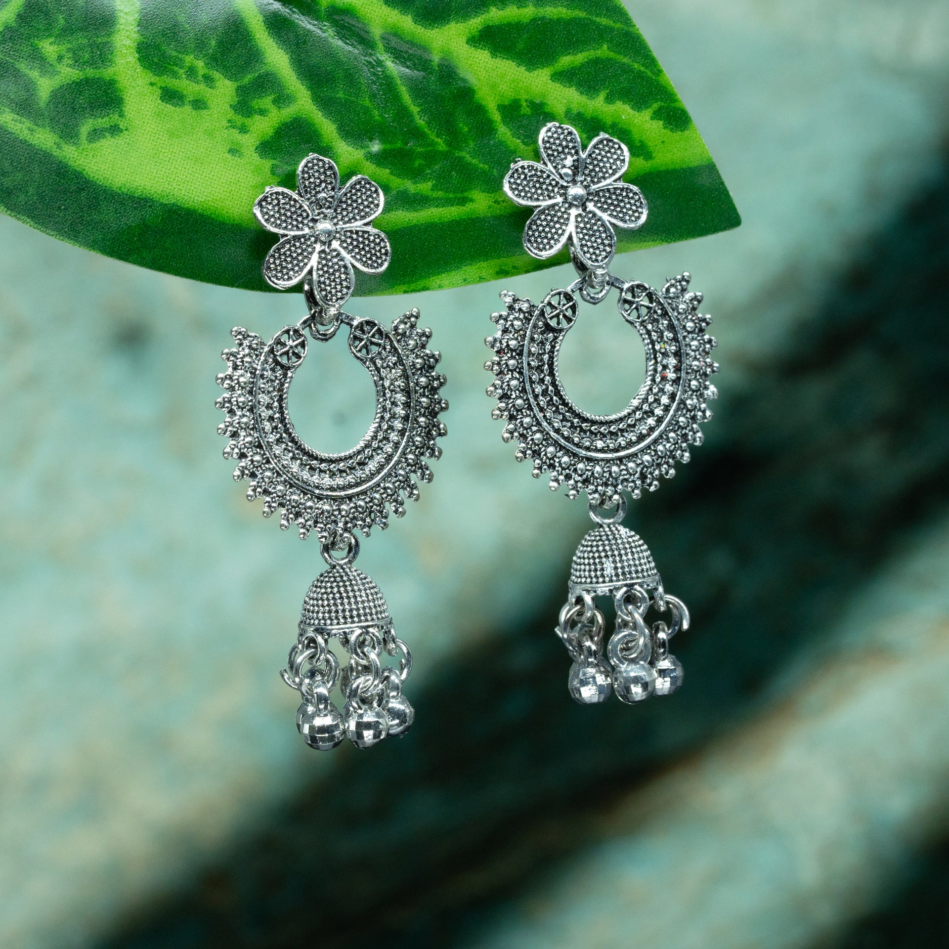 "Chaandful Bloom" Oxidized Floral Jhumka Earrings