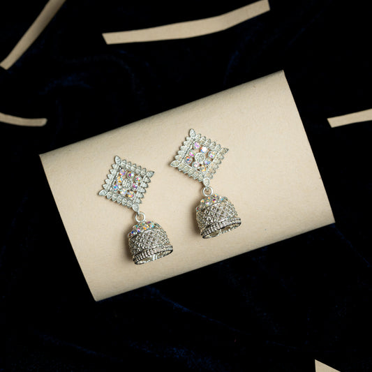 Elegant Silver-Plated Jhumka Earrings – Sparkling Crystal Embellishments