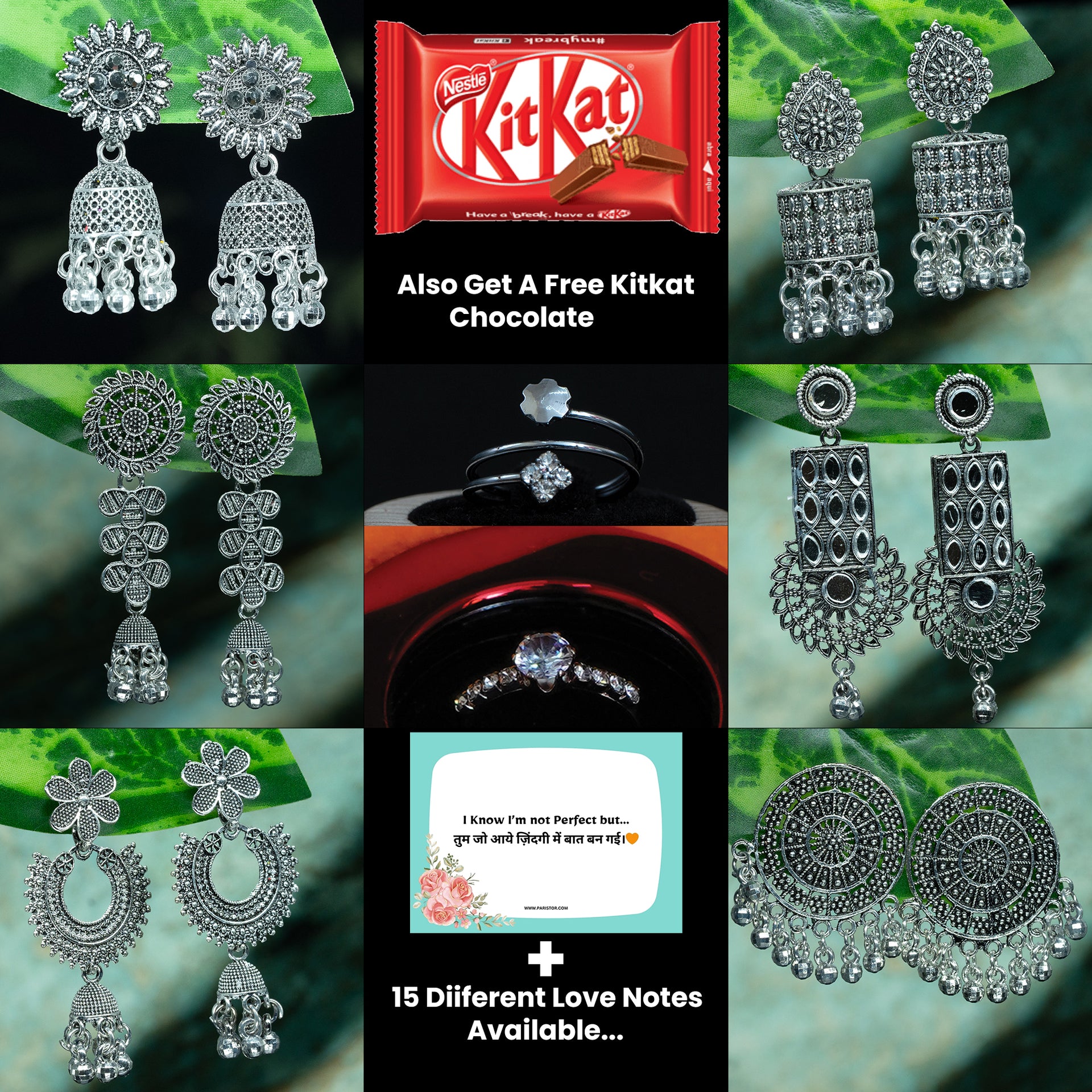 Pairs of 6 Premium Quality Earrings with 2 Free Rings (Oxidise)