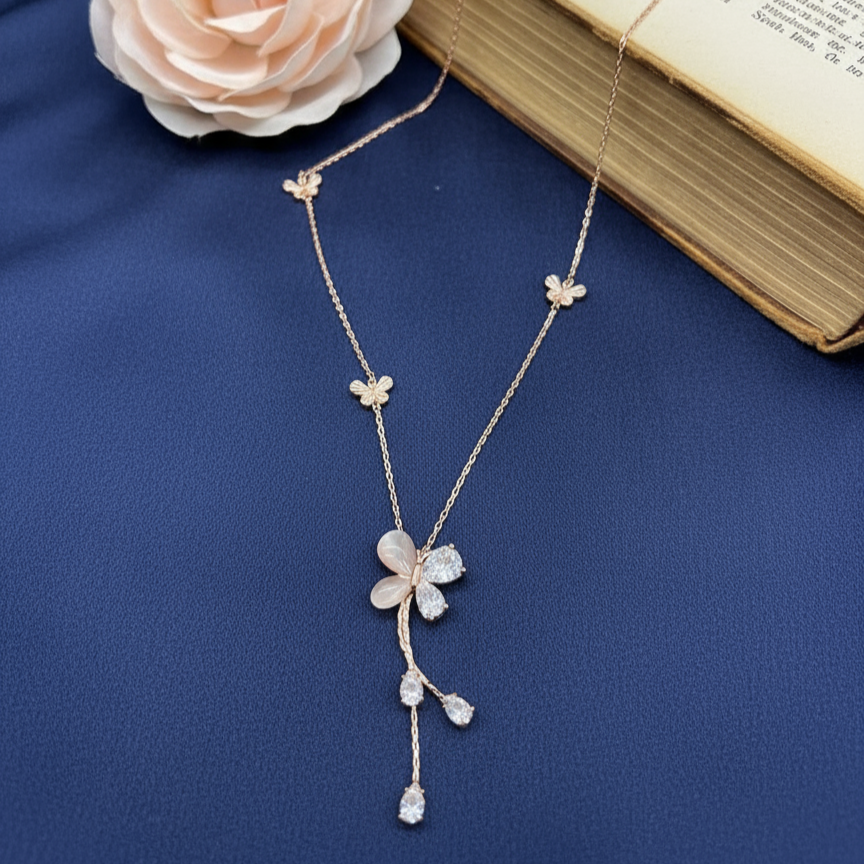 Blossom Whisper” Rose Gold Floral Drop Necklace