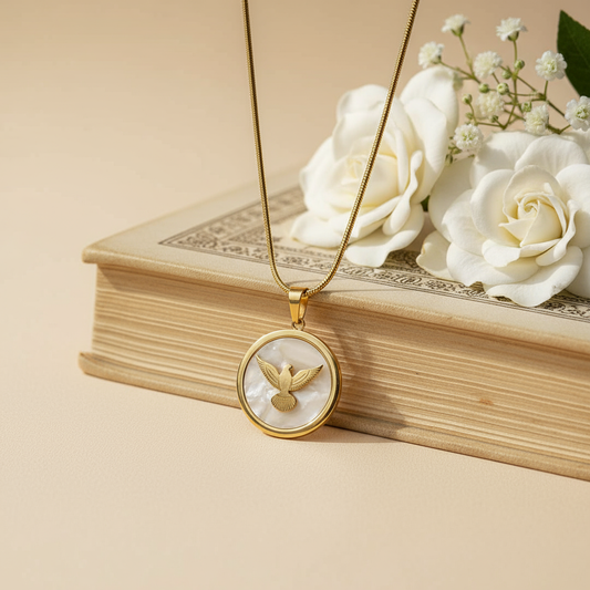 Graceful Dove Medallion Necklace – Gold & Mother of Pearl